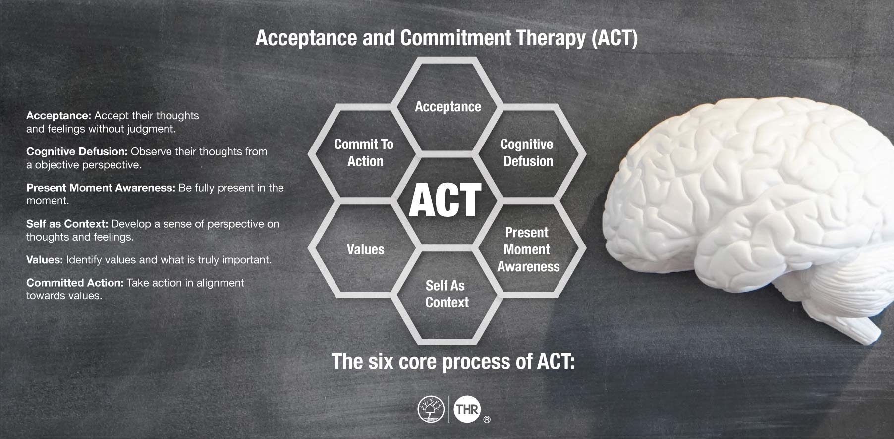 Acceptance-and-Commitment-Therapy-(ACT)-Illustration showing the connection of the six core process: 1. Acceptance: Accept their thoughts and feelings without judgment. 2. Cognitive Defusion: Observe their thoughts from a objective perspective. 3. Present Moment Awareness: Be fully present in the moment. 4. Self as Context: Develop a sense of perspective on thoughts and feelings. 5. Values: Identify values and what is truly important. 6. Committed Action: Take action in alignment towards values.
